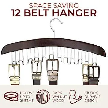 Richards Belt Organizer 12 Hooks - Belt Hanger for Closet - Belt Holder Display Belt Rack with Wood and Chrome Accents Dark Walnut