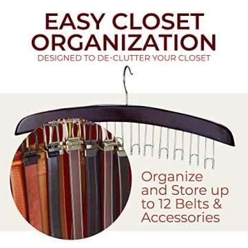 Richards Belt Organizer 12 Hooks - Belt Hanger for Closet - Belt Holder Display Belt Rack with Wood and Chrome Accents Dark Walnut