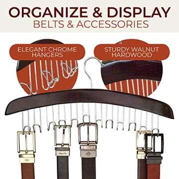 Richards Belt Organizer 12 Hooks - Belt Hanger for Closet - Belt Holder Display Belt Rack with Wood and Chrome Accents Dark Walnut