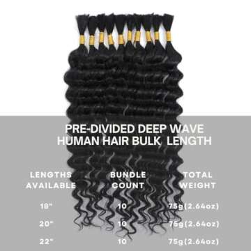 Deep Wave Bulk Human Hair for Braiding Pre-Divided Human Braiding Hair for Boho Braids 22"(1Pack-10 pcs / 75 g)