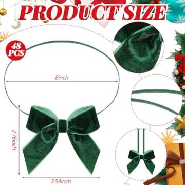 Thiccywoov 48 Pcs 8 Inch Velvet Christmas Bows for Gift Wrapping,Stretch Loops with Pre Tied Bows,Elastic Gift Bows Crafts for Christmas Boxes Wrapping Party Favors Xmas Tree Decor(Green)