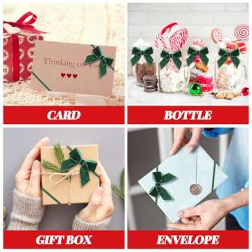 Thiccywoov 48 Pcs 8 Inch Velvet Christmas Bows for Gift Wrapping,Stretch Loops with Pre Tied Bows,Elastic Gift Bows Crafts for Christmas Boxes Wrapping Party Favors Xmas Tree Decor(Green)