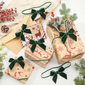 Thiccywoov 48 Pcs 8 Inch Velvet Christmas Bows for Gift Wrapping,Stretch Loops with Pre Tied Bows,Elastic Gift Bows Crafts for Christmas Boxes Wrapping Party Favors Xmas Tree Decor(Green)