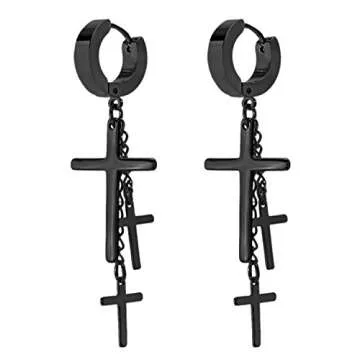 Charisma 80s Gothic Earring Cross Earrings for Men Dangle Hinged Hoop Huggie Earrings Stainless Stee...
