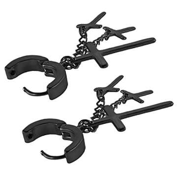 Charisma 80s Gothic Earring Cross Earrings for Men Dangle Hinged Hoop Huggie Earrings Stainless Steel 1 Pair, Black IP Plated Color