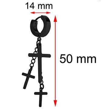 Charisma 80s Gothic Earring Cross Earrings for Men Dangle Hinged Hoop Huggie Earrings Stainless Steel 1 Pair, Black IP Plated Color