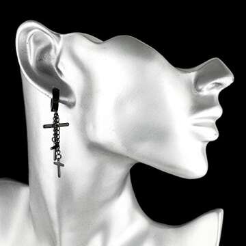 Charisma 80s Gothic Earring Cross Earrings for Men Dangle Hinged Hoop Huggie Earrings Stainless Steel 1 Pair, Black IP Plated Color
