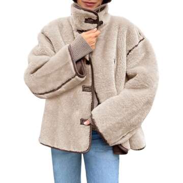 Tankaneo Womens Faux Fur Jackets Warm Winter Casual Button Down Stand Collar Long Sleeve Shaggy Outw...