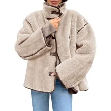 Tankaneo Womens Faux Fur Jackets Warm Winter Casual Button Down Stand Collar Long Sleeve Shaggy Outw...