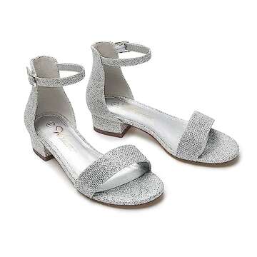 Athlefit Girls Sandals Open Toe Ankle Strap Low Heels Girl Dress Shoes For Toddler Little Big Kid Silver Glitter Size 1