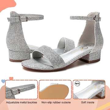 Athlefit Girls Sandals Open Toe Ankle Strap Low Heels Girl Dress Shoes For Toddler Little Big Kid Silver Glitter Size 1