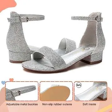 Athlefit Girls Sandals Open Toe Ankle Strap Low Heels Girl Dress Shoes For Toddler Little Big Kid Silver Glitter Size 1