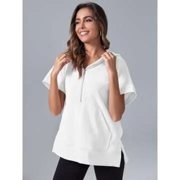 Fisoew Womens Oversized Half Zip Hoodies Short Sleeve Casual Sweatshirts Pullover Tops with Pockets White