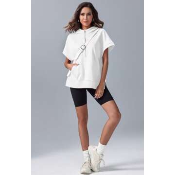 Fisoew Womens Oversized Half Zip Hoodies Short Sleeve Casual Sweatshirts Pullover Tops with Pockets White