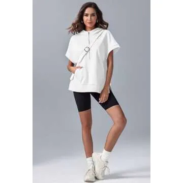 Fisoew Womens Oversized Half Zip Hoodies Short Sleeve Casual Sweatshirts Pullover Tops with Pockets White