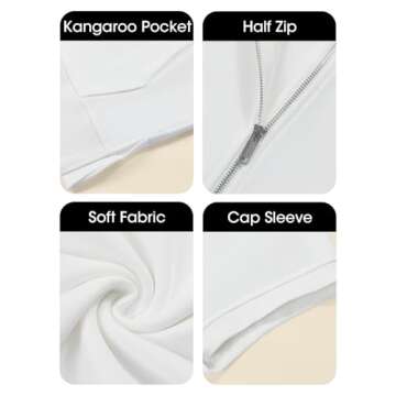 Fisoew Womens Oversized Half Zip Hoodies Short Sleeve Casual Sweatshirts Pullover Tops with Pockets White