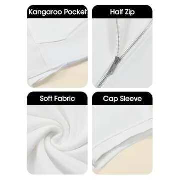 Fisoew Womens Oversized Half Zip Hoodies Short Sleeve Casual Sweatshirts Pullover Tops with Pockets White