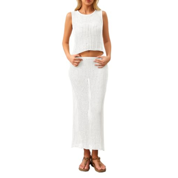 MISSACTIVER Women Beach Cover Up Crochet Two Piece Set See Through Crop Tank Top Knit High Waist Maxi Skirt Swimsuit, Medium, White