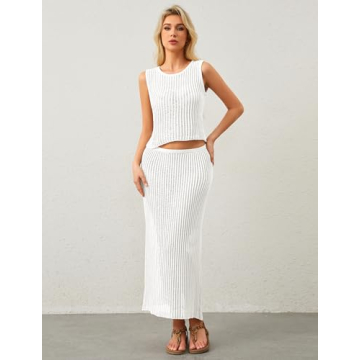 MISSACTIVER Women Beach Cover Up Crochet Two Piece Set See Through Crop Tank Top Knit High Waist Maxi Skirt Swimsuit, Medium, White
