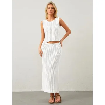 MISSACTIVER Women Beach Cover Up Crochet Two Piece Set See Through Crop Tank Top Knit High Waist Maxi Skirt Swimsuit, Medium, White