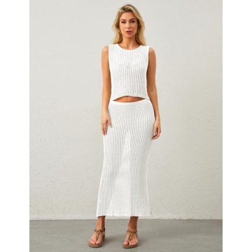 MISSACTIVER Women Beach Cover Up Crochet Two Piece Set See Through Crop Tank Top Knit High Waist Maxi Skirt Swimsuit, Medium, White