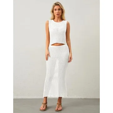 MISSACTIVER Women Beach Cover Up Crochet Two Piece Set See Through Crop Tank Top Knit High Waist Maxi Skirt Swimsuit, Medium, White