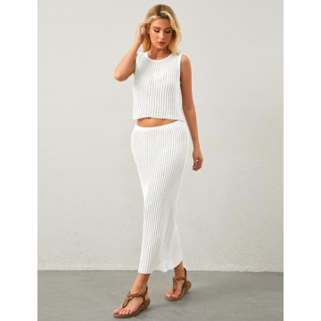 MISSACTIVER Women Beach Cover Up Crochet Two Piece Set See Through Crop Tank Top Knit High Waist Maxi Skirt Swimsuit, Medium, White