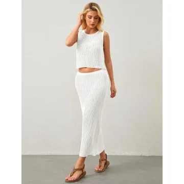 MISSACTIVER Women Beach Cover Up Crochet Two Piece Set See Through Crop Tank Top Knit High Waist Maxi Skirt Swimsuit, Medium, White