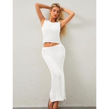 MISSACTIVER Women Beach Cover Up Crochet Two Piece Set See Through Crop Tank Top Knit High Waist Maxi Skirt Swimsuit, Medium, White