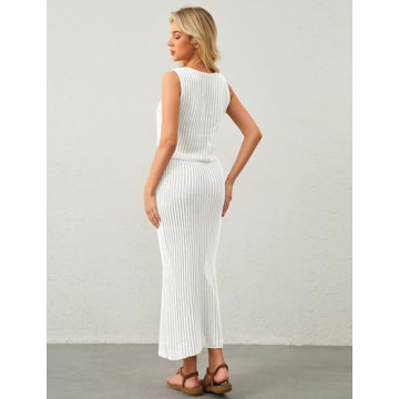 MISSACTIVER Women Beach Cover Up Crochet Two Piece Set See Through Crop Tank Top Knit High Waist Maxi Skirt Swimsuit, Medium, White