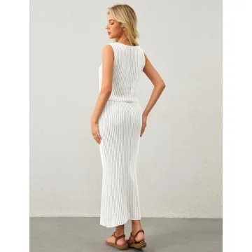 MISSACTIVER Women Beach Cover Up Crochet Two Piece Set See Through Crop Tank Top Knit High Waist Maxi Skirt Swimsuit, Medium, White