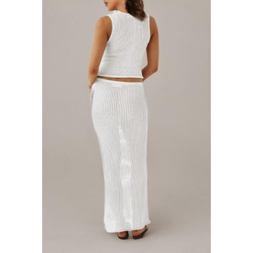 MISSACTIVER Women Beach Cover Up Crochet Two Piece Set See Through Crop Tank Top Knit High Waist Maxi Skirt Swimsuit, Medium, White