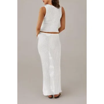 MISSACTIVER Women Beach Cover Up Crochet Two Piece Set See Through Crop Tank Top Knit High Waist Maxi Skirt Swimsuit, Medium, White