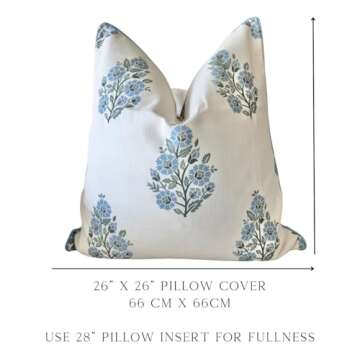 Jillien Harbor Camille Euro Floral Throw Pillow Cover Blockprint 26"x26" Grandmillennial Home Decor