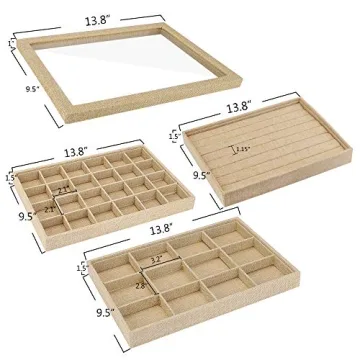 Mebbay Stackable Sackcloth Jewelry Trays Organizer Set with Clear Lid, Jewelry Storage Display Trays for Drawer, Earring Necklace Bracelet Ring Organizer - Set of 4