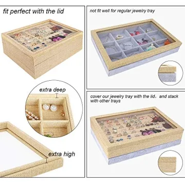 Mebbay Stackable Sackcloth Jewelry Trays Organizer Set with Clear Lid, Jewelry Storage Display Trays for Drawer, Earring Necklace Bracelet Ring Organizer - Set of 4