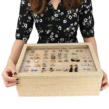 Mebbay Stackable Sackcloth Jewelry Trays Organizer Set with Clear Lid, Jewelry Storage Display Trays for Drawer, Earring Necklace Bracelet Ring Organizer - Set of 4