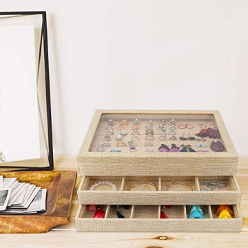 Mebbay Stackable Sackcloth Jewelry Trays Organizer Set with Clear Lid, Jewelry Storage Display Trays for Drawer, Earring Necklace Bracelet Ring Organizer - Set of 4