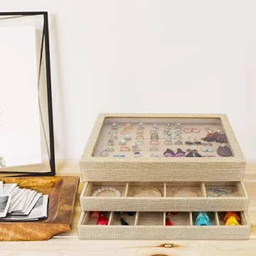 Mebbay Stackable Sackcloth Jewelry Trays Organizer Set with Clear Lid, Jewelry Storage Display Trays for Drawer, Earring Necklace Bracelet Ring Organizer - Set of 4