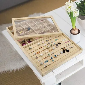 Mebbay Stackable Sackcloth Jewelry Trays Organizer Set with Clear Lid, Jewelry Storage Display Trays for Drawer, Earring Necklace Bracelet Ring Organizer - Set of 4