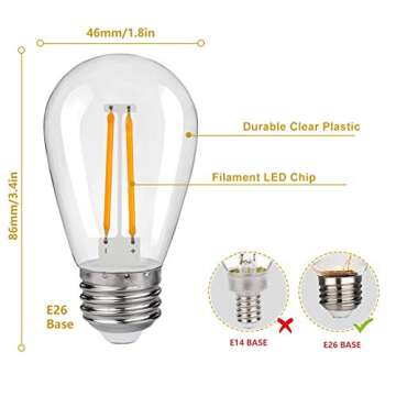 RuiAoTD 25Pack S14 LED Replacement Light Bulbs, Shatterproof Outdoor String Plastic Light Bulbs, 2W ...