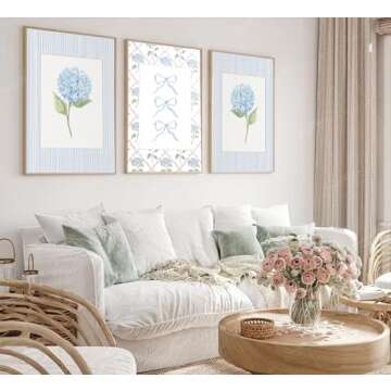 Trendy Blue Bow Canvas Wall Art Watercolor Hydrangea Coquette Paintings Pictures Wall Decor Coastal ...