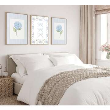 Trendy Blue Bow Canvas Wall Art Watercolor Hydrangea Coquette Paintings Pictures Wall Decor Coastal Preppy Aesthetic Posters Prints for Girly Room Bedroom College Apartment Home Decoration (Unframed)