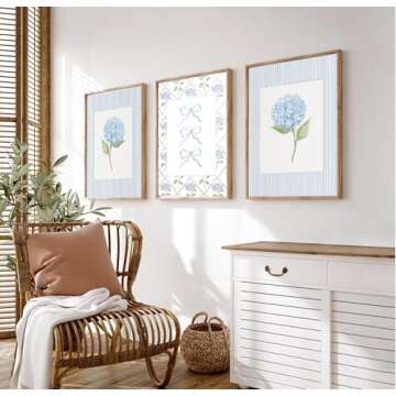 Trendy Blue Bow Canvas Wall Art Watercolor Hydrangea Coquette Paintings Pictures Wall Decor Coastal Preppy Aesthetic Posters Prints for Girly Room Bedroom College Apartment Home Decoration (Unframed)