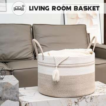 HOMHOLDON 110L Extra Large Laundry Baskets, Storage Basket for Organizing,Woven Basket for Storage,Cotton Rope Basket,Nursery Basket,Large Blanket Basket for Living Room,Toys Basket(White/Brown)