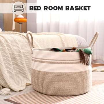 HOMHOLDON 110L Extra Large Laundry Baskets, Storage Basket for Organizing,Woven Basket for Storage,Cotton Rope Basket,Nursery Basket,Large Blanket Basket for Living Room,Toys Basket(White/Brown)