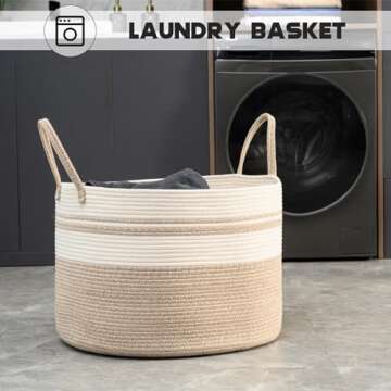 HOMHOLDON 110L Extra Large Laundry Baskets, Storage Basket for Organizing,Woven Basket for Storage,Cotton Rope Basket,Nursery Basket,Large Blanket Basket for Living Room,Toys Basket(White/Brown)