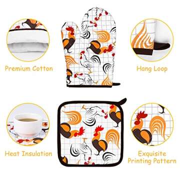 RUODON Rooster Kitchen Set - 5 Pack Towels, Mitts, & Potholders