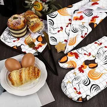 RUODON Rooster Kitchen Set - 5 Pack Towels, Mitts, & Potholders