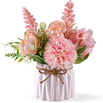Artificial Pink Hydrangea Flowers in Small Ceramic Vase - Indoor Decoration